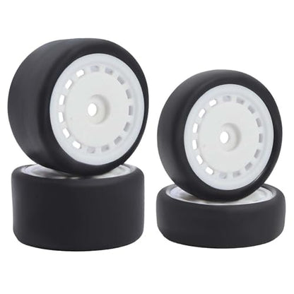 4PCS Pre-Glued On-Road Drift Racing Smooth Rubber Tires and Wheel Rims Set 7MM Hexagon for 1/24 Losi Micro-B RC Car Upgrades Parts (White) - color: White