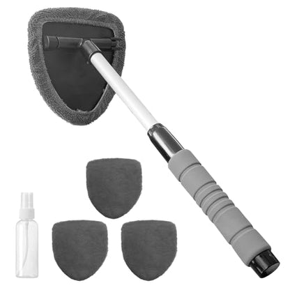 19" Extra-Long Windshield Cleaner Tool & Car Interior Detailing Kit | Extendable Handle and 4 Reusable Microfiber Pads, Streak & Lint-free, Auto Glass Wiper Brush for Car & Home - color: Gray