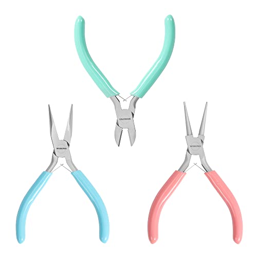 WORKPRO Jewelry Pliers Set, 3 Pack Jewelry Making Tool Kit | Includes Mini Needle Nose Plier/Chain Nose Plier, Round Nose Plier and Wire Cutter for Jewelry Repair & Making, DIY Crafts - color: Light Blue, Light Green, Pink