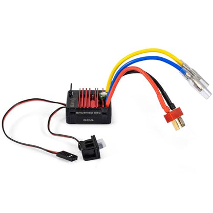 2026 New 60A Waterproof Brushed ESC 2-3S Electronic Speed Controller WP 1060 RC ESC Brushed with Power Witch for 1/10 Scale RC Crawler Car,Boats,Truck (T-Plug) - color: Black-red
