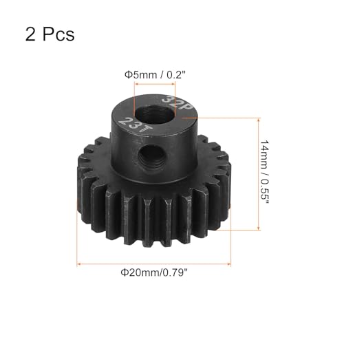 MECCANIXITY 2 Pcs RC 32P Hardened Pinion Gear 5mm Shaft, 23T Motor Gears Carbon Steel for 1/10 RC Model Car Boat Drone - style: 23T