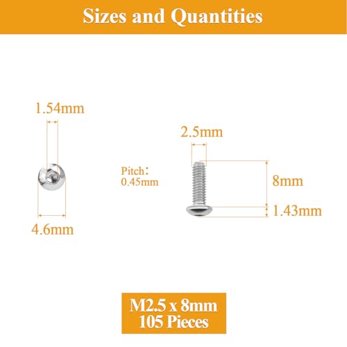105 Pieces M2.5 x 8mm Button Head Socket Cap Screws, Thread Pitch 0.45mm, Sutemribor M2.5 Screws, 304 Stainless Steel, Fully Threaded, Silver - size: M2.5 x 8mm, style: Button Head