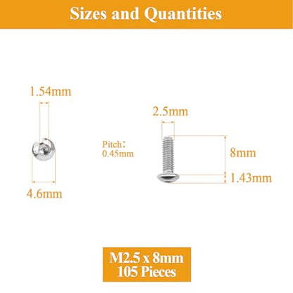105 Pieces M2.5 x 8mm Button Head Socket Cap Screws, Thread Pitch 0.45mm, Sutemribor M2.5 Screws, 304 Stainless Steel, Fully Threaded, Silver - size: M2.5 x 8mm, style: Button Head