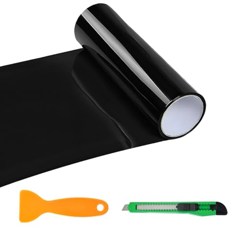 Sun Walker Car Light Tint Film, 12 x 48 Inch Waterproof Taillight Wrap Film Roll with Squeegee & Cutter, Self-Adhesive Vinyl Sticker Sheet Roll for Headlights Fog Lights Tail Lights (Dark Black) - color: Dark Black