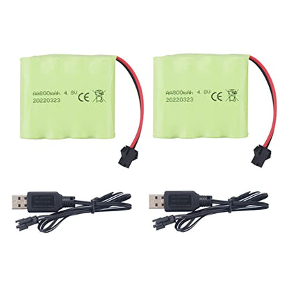 2PCS AA 4.8V 800mAh Rechargeable RC Toy Car Battery SM2P Plug RC Truck Stunt Car Excavator Toy Car Battery and Accessories 2PCS USB Charging Cable