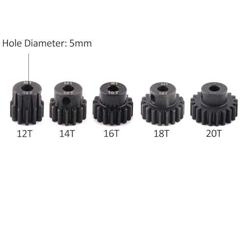 5pcs Mod 1 Pinion Gear 5mm Set Hardened Steel 12T 14T 16T 18T 20T Fit 5mm RC Motor Shaft M1 Pitch Gears Compatible with Arrma Traxxas Axial HSP Redcat Losi RC Car Truck Buggy (with Screwdriver) - size: 12 14 16 18 20T