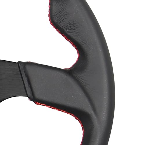 Universal Racing Sports Steering Wheel Red Stripe D Shape 13.8inch 350mm 6 Bolts Black Leather Hand Grip Steering Wheel with Horn Button - color: Red