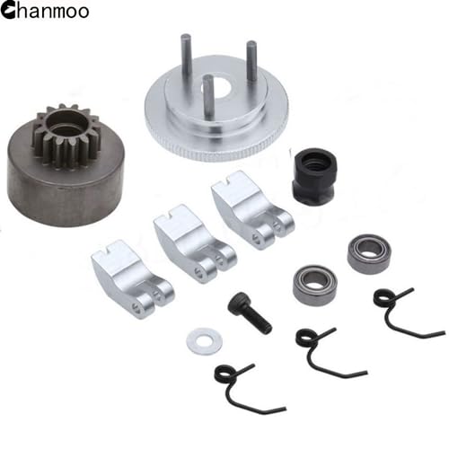 1/8 RC Car 14T Clutch Bell Flywheel Assembly Kit Shoes Bearings Gear Engine Nut Springs Cone for 1:8 RC Buggy Truck Car KYOSHO HPI HSP Axial Himoto 21-28cxp Nitro Engine Parts (Silver) - color: Silver
