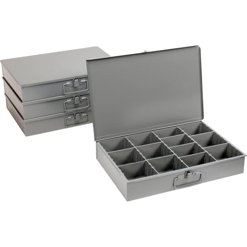 Global Industrial Durham Steel Compartment Box Rack, 20"L x 15-3/4"W x 15"H | Four Adjustable Divider Compartment Boxes, 18"L x 12"W x 3"H Boxes