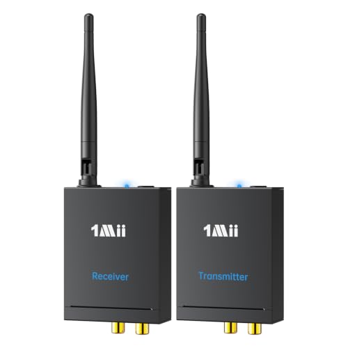 1Mii 2.4Ghz Wireless Audio Transmitter Receiver Set (1 TX + 1 RX) for TV | 320FT Long Range 20ms Low Delay HiFi Audio w/RCA(3.5mm AUX) Out/In, Wireless Adapter Kit for Powered Speaker/Stereo/Soundbar - size: 2 in 1