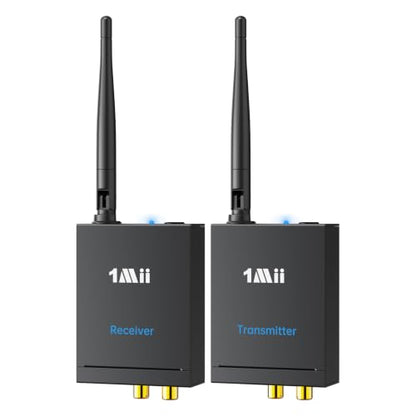 1Mii 2.4Ghz Wireless Audio Transmitter Receiver Set (1 TX + 1 RX) for TV | 320FT Long Range 20ms Low Delay HiFi Audio w/RCA(3.5mm AUX) Out/In, Wireless Adapter Kit for Powered Speaker/Stereo/Soundbar - size: 2 in 1
