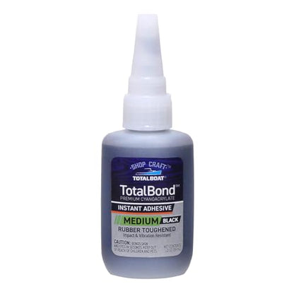 TotalBoat TotalBond Black Rubber Super Glue Adhesive, Medium CA Glue - 2 oz | Rubberized Liquid Cyanoacrylate Adhesive for Wood, Plastic, Glass & More; RC Builds, Woodworking & Flexible Repairs