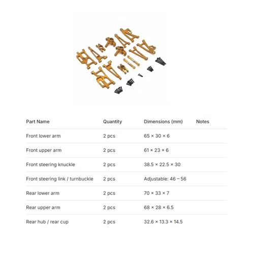 Industrial Vehicle Rc Car Upgrade Kit Aluminum Arms Steering Cups Rear Hubs Adjustable Turnbuckles Shock Absorption Set Suitable for 1/14 Scale Models, Gold - color: Gold