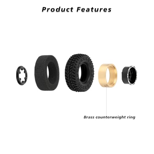 FCX24 Wheels and Tires 1.0 Beadlock Wheels 50MM Soft Sticky Tires with Brass Counterweight Ring for Axial SCX24 FMS FCX24M FCX24 Upgrades 1/24 RC Crawler - style: 160g