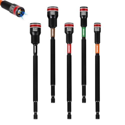 Impact Nut Driver Set, 5 Pieces 6”Long 1/4”5/16”3/8”7/16”1/2”6 Point Alloy Steel Magnetic SAE Nut Setter Set Use For Require Installing 1/4 Hex Shank Impact Driver with Case Box - size: 6", style: MIXS-5pcs