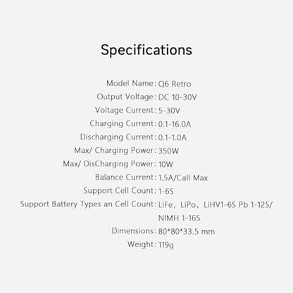 ISDT Q6 Retro Lipo Battery Charger Discharger DC 350W 16A Smart RC Battery Charger for 2~6S Lithium LiHv LiIon Life NiMH Ni-Cd/Pb Lipo Battery Balance Charger, with LCD Display