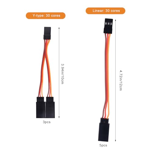 8pcs Servo Extension Cables & Y-Harness Splitters for JR Futaba Spektrum | 30-Core, 3.94in/10cm, 4.72in/12cm, Wire, Linear, RC, Airplane, Car, Drone