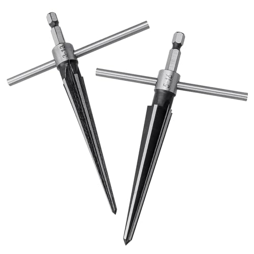 EMVANV 2Pcs Bridge Pin Hole Reamer, 3-13mm(1/8''-1/2'') & 5-16mm(½-5/8") T Handle Taper Reamer Set, 6 Fluted Chamfer Reaming Tool, Bridge Pin Hole Handle Tapered Reamers(Black Silver)