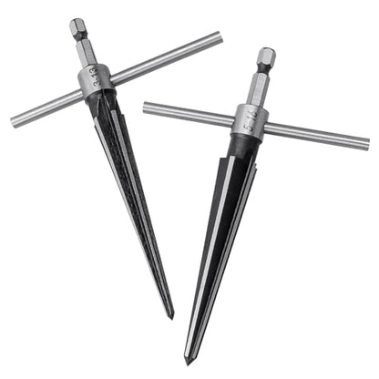EMVANV 2Pcs Bridge Pin Hole Reamer, 3-13mm(1/8''-1/2'') & 5-16mm(½-5/8") T Handle Taper Reamer Set, 6 Fluted Chamfer Reaming Tool, Bridge Pin Hole Handle Tapered Reamers(Black Silver)