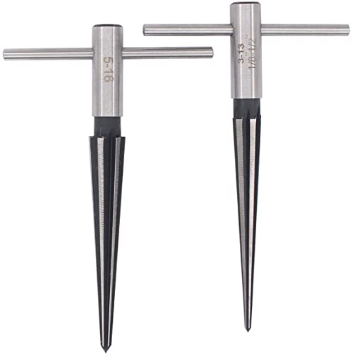 T-Handle Tapered Reamer Set 3–13mm (1/8″–1/2″) & 5–16mm (1/2″–5/8″) | Bridge Pin Hole Handheld Taper Reamers — 6-Flute Chamfering Reamers for Guitar Making, Woodworking, and Luthiery (Set of 2)