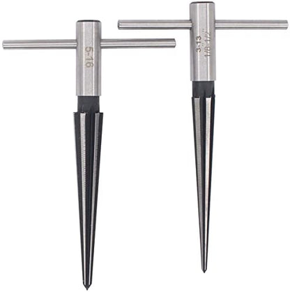 T-Handle Tapered Reamer Set 3–13mm (1/8″–1/2″) & 5–16mm (1/2″–5/8″) | Bridge Pin Hole Handheld Taper Reamers — 6-Flute Chamfering Reamers for Guitar Making, Woodworking, and Luthiery (Set of 2)