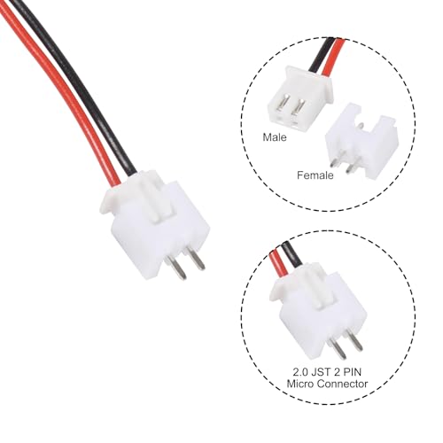 Alinan 20pcs JST-XH2.54mm 2 Pin Connector Kit, Included 10pcs Mini 2 Pin 26AWG Female Connector Plug with 200mm Cable Wire and 10pcs Micro 2Pin Male Connector Plug - color: 2Pin 26AWG 200mm Cable