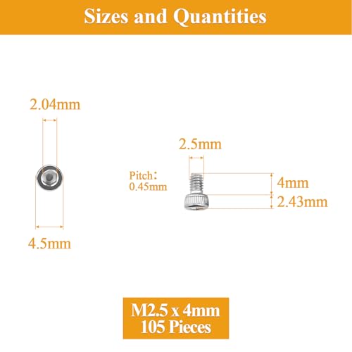 105 Pieces M2.5 x 4mm Socket Head Cap Screws, Thread Pitch 0.45mm, Sutemribor M2.5 Screws, 304 Stainless Steel, Fully Threaded, Silver - size: M2.5 x 4mm, style: Socket Head