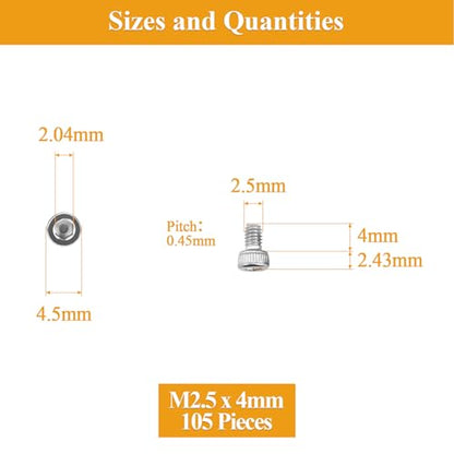 105 Pieces M2.5 x 4mm Socket Head Cap Screws, Thread Pitch 0.45mm, Sutemribor M2.5 Screws, 304 Stainless Steel, Fully Threaded, Silver - size: M2.5 x 4mm, style: Socket Head