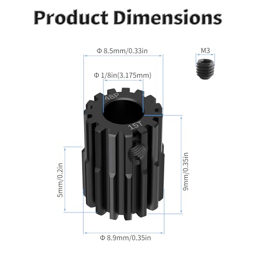 Pinion Motor Gear, 48P 15T, 1/8 in (3.175mm) Shaft Hole | 48 Pitch 15 Teeth, 1045 Hardened Carbon Steel, 1/8 Inch Shaft Hole, RC Motor Pinion Upgrade, for 1/10 RC Brushless Crawler - size: 48P 15T