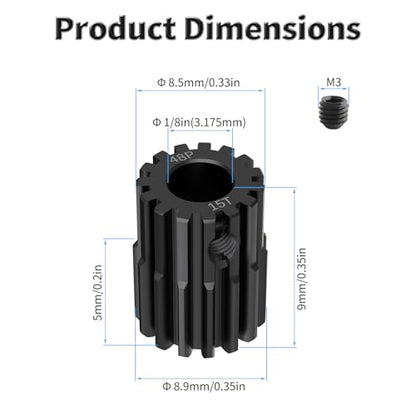 Pinion Motor Gear, 48P 15T, 1/8 in (3.175mm) Shaft Hole | 48 Pitch 15 Teeth, 1045 Hardened Carbon Steel, 1/8 Inch Shaft Hole, RC Motor Pinion Upgrade, for 1/10 RC Brushless Crawler - size: 48P 15T