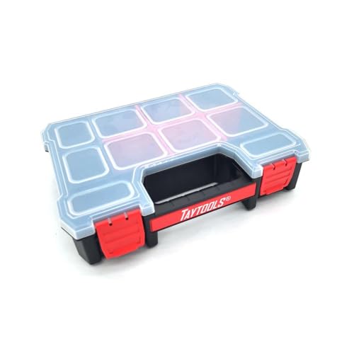 Taytools 10 Compartment Small Parts Organizer Box - Dual Latch Portable Tool Box with Removeable Dividers for Storing Hardware, Screws, Bolts, Nails, Beads or Jewely