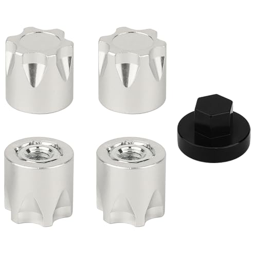 4PCS Aluminium Wheel Rim Center Cap M4 Nuts with Tool for 1/10 RC Crawler Axial SCX10 90046 TRX4 TRX6 Tamiya Recat RC Crawler Upgrades，Star Shape (Silver) - color: Silver
