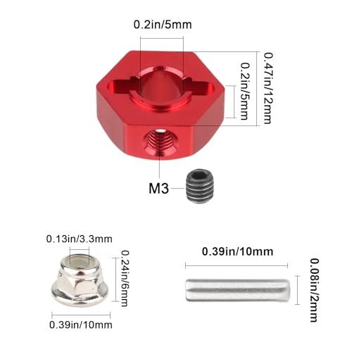 Hobbypark 12mm Wheel Hex Hubs 5mm Axle Hole Drive Adapter & M4 Lock Nuts for 1/12 1/10 RC Car Truck Buggy On Road RC Touring Racing Compatible with Traxxas Tamiya Redcat Axial Upgrades Parts (Red) - color: Red