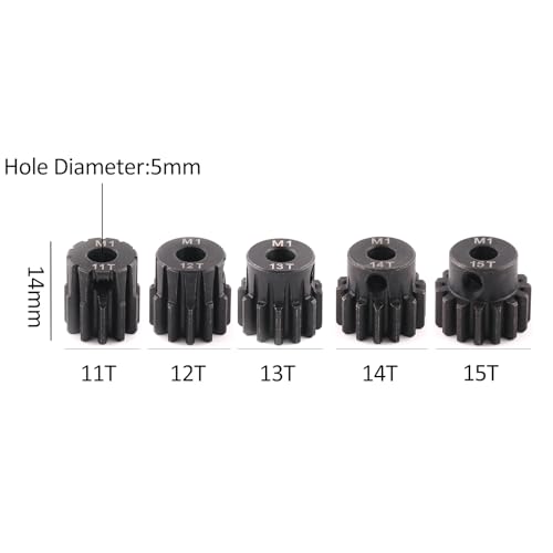 5pcs Mod 1 Pinion Gear 5mm Set Hardened Steel 11T 12T 13T 14T 15T Fit 5mm RC Motor Shaft M1 Pitch Gears Compatible with Arrma Traxxas Axial HSP Redcat Losi RC Car Truck Buggy (with Screwdriver) - size: 11 12 13 14 15T