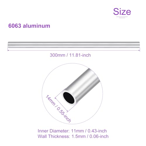 DMiotech 3Pack (14mm OD x 11mm ID) 6063 Aluminum Round Tube 300mm Length Industry Metal Tubing for Machinery Frame Construction DIY Projects - size: 14mm x 11mm x 300mm