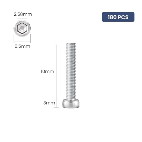180pcs M3 x 10mm Hex Socket Head Cap Screws Bolts, 304 Stainless Steel 18-8, Allen Socket Drive,Bright Finish, Full Threads,with Hex Spanner - size: M3 x 10mm