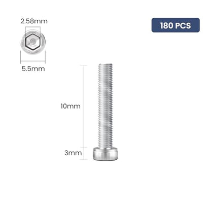 180pcs M3 x 10mm Hex Socket Head Cap Screws Bolts, 304 Stainless Steel 18-8, Allen Socket Drive,Bright Finish, Full Threads,with Hex Spanner - size: M3 x 10mm