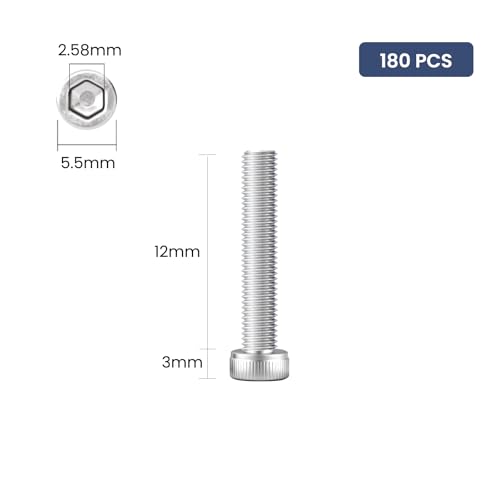180pcs M3 x 12mm Hex Socket Head Cap Screws Bolts, 304 Stainless Steel 18-8, Allen Socket Drive,Bright Finish, Full Threads,with Hex Spanner - size: M3 x 12mm
