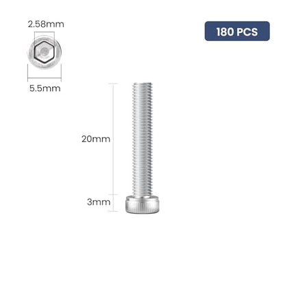 180pcs M3 x 20mm Hex Socket Head Cap Screws Bolts, 304 Stainless Steel 18-8, Allen Socket Drive,Bright Finish, Full Threads,with Hex Spanner - size: M3 x 20mm