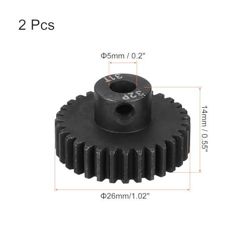 MECCANIXITY 2 Pcs RC 32P Hardened Pinion Gear 5mm Shaft, 31T Motor Gears Carbon Steel for 1/10 RC Model Car Boat Drone - style: 31T