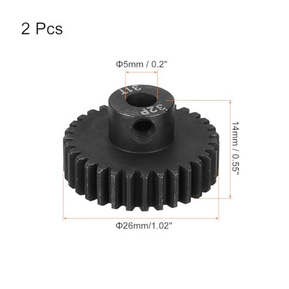 MECCANIXITY 2 Pcs RC 32P Hardened Pinion Gear 5mm Shaft, 31T Motor Gears Carbon Steel for 1/10 RC Model Car Boat Drone - style: 31T