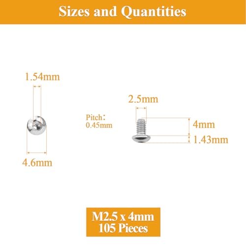 105 Pieces M2.5 x 4mm Button Head Socket Cap Screws, Thread Pitch 0.45mm, Sutemribor M2.5 Screws, 304 Stainless Steel, Fully Threaded, Silver - size: M2.5 x 4mm, style: Button Head