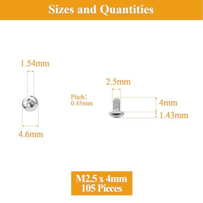 105 Pieces M2.5 x 4mm Button Head Socket Cap Screws, Thread Pitch 0.45mm, Sutemribor M2.5 Screws, 304 Stainless Steel, Fully Threaded, Silver - size: M2.5 x 4mm, style: Button Head