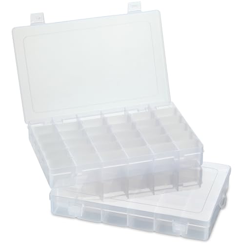 36 Grid Clear Plastic Organizer - Pack of 2- Bead Storage, Craft Organizer, DIY Small Parts Organizer, Jewelry Box, Fishing Tackle Box, Sewing, Nail Storage w/ Adjustable Dividers & 5 Sticker Labels