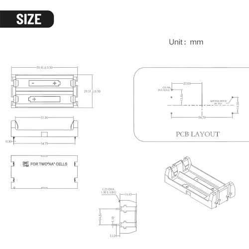 2Pcs THM Battery Holder for 3V AA 2 Cell, PCB Mount 2 x 1.5V Battery Power Case Plastic Box 14500 SMT AA Battery Case with Pins (2AA SMT with pin) - size: 2AA SMT with pin