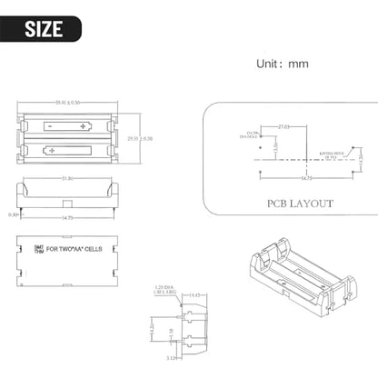 2Pcs THM Battery Holder for 3V AA 2 Cell, PCB Mount 2 x 1.5V Battery Power Case Plastic Box 14500 SMT AA Battery Case with Pins (2AA SMT with pin) - size: 2AA SMT with pin