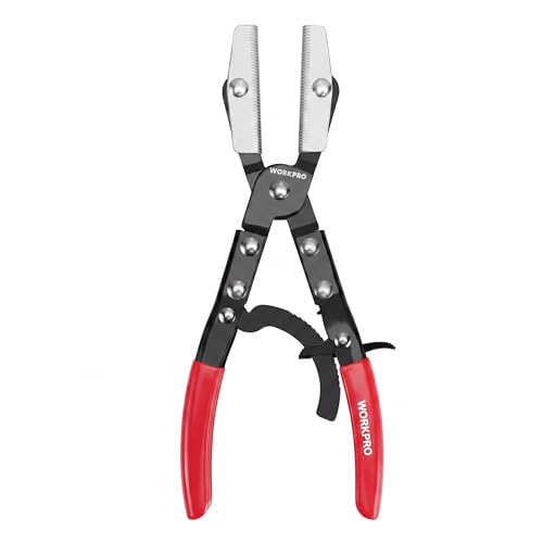 WORKPRO 10" Ratcheting Hose Pinch Off Pliers, Locking Hose Clamp Pliers | Ergonomic Grip for Radiator, Coolant, Automotive, Fuel Lines - Easy One-Handed Operation, Adjustable Jaw - color: Red