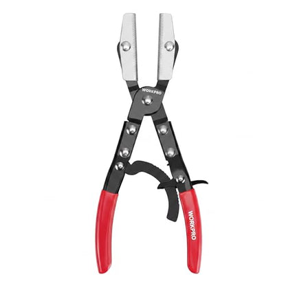 WORKPRO 10" Ratcheting Hose Pinch Off Pliers, Locking Hose Clamp Pliers | Ergonomic Grip for Radiator, Coolant, Automotive, Fuel Lines - Easy One-Handed Operation, Adjustable Jaw - color: Red