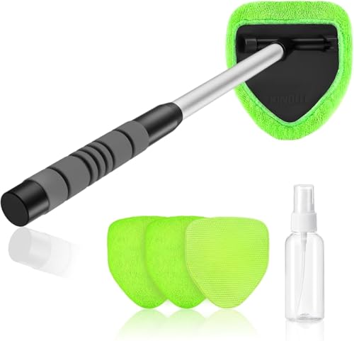 Windshield Cleaner Tool – Car Interior Glass Cleaning Kit with Extendable Handle & 4 Microfiber Pads, Auto Glass Wash Brush for Car Detailing, Trucks, SUVs, RVs & Home Windows