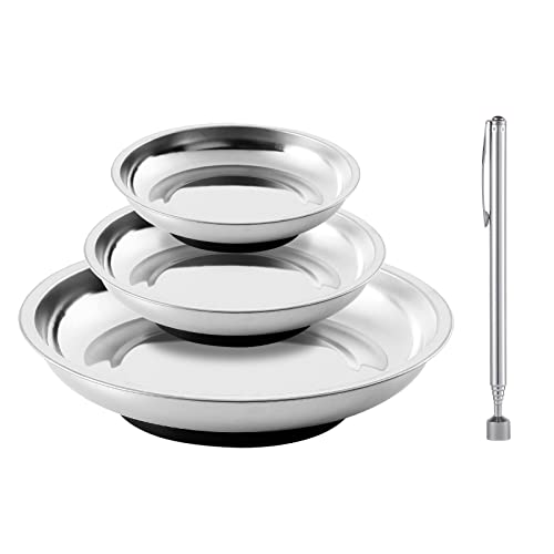 3 Pieces Magnetic Tool Trays with 5LBs Telescoping Magnetic Pick-up Tool Set, 3" 4" 6" Stainless Steel Magnet Tray Parts Holder for Screws, Mechanic's - size: 3" 4" 6"+5LB Pickup